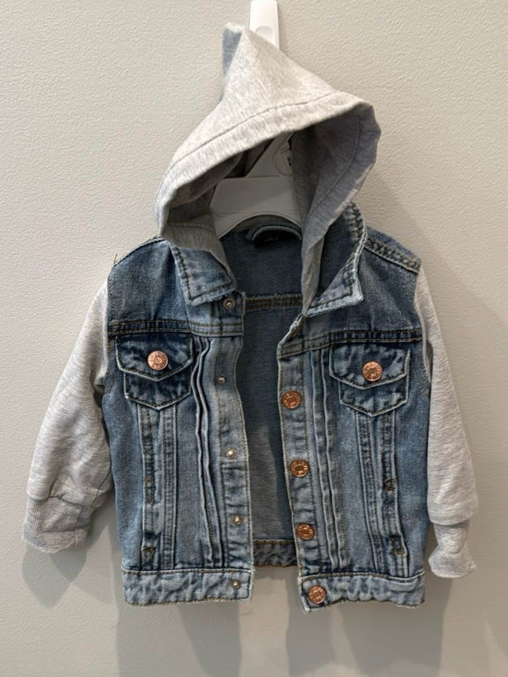 Little Bipsy Blue Denim Jacket with Grey Hood and Sleeves